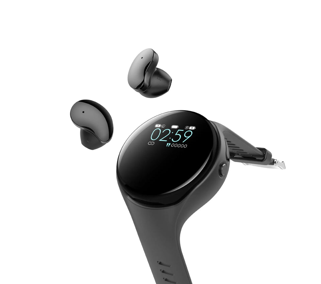 Black smart fitness bracelet with detachable TWS Bluetooth earbuds on a wrist, showing a colour screen display.