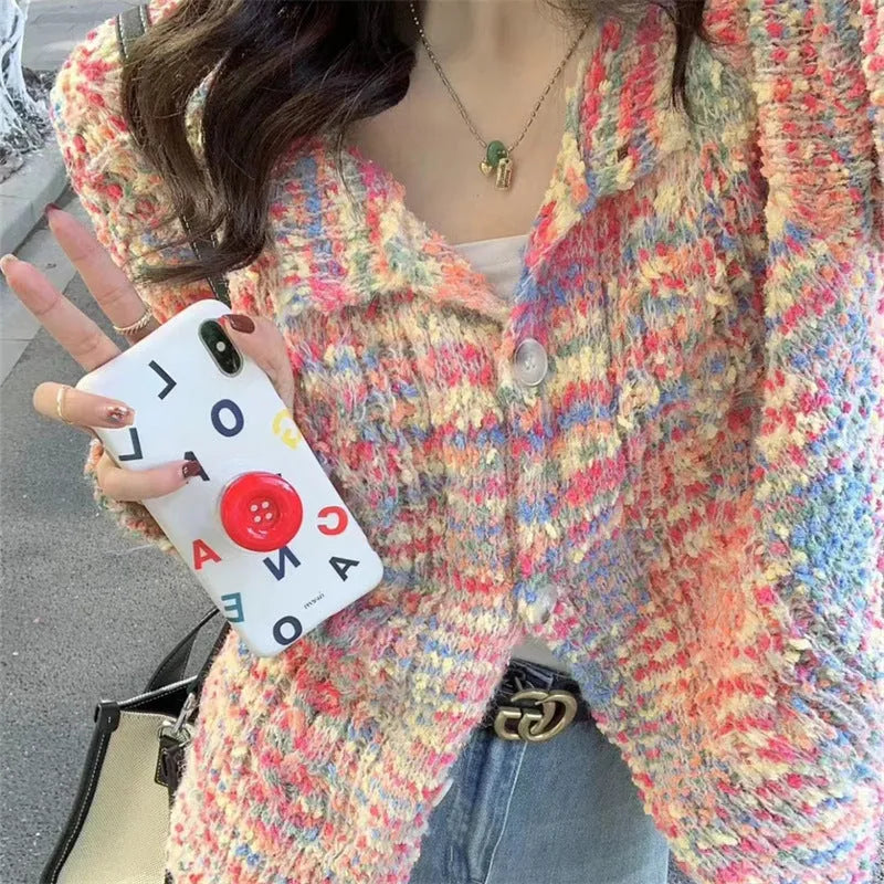 Rainbow stripe knitted cardigan sweater in pink or green with retro gentle idle style