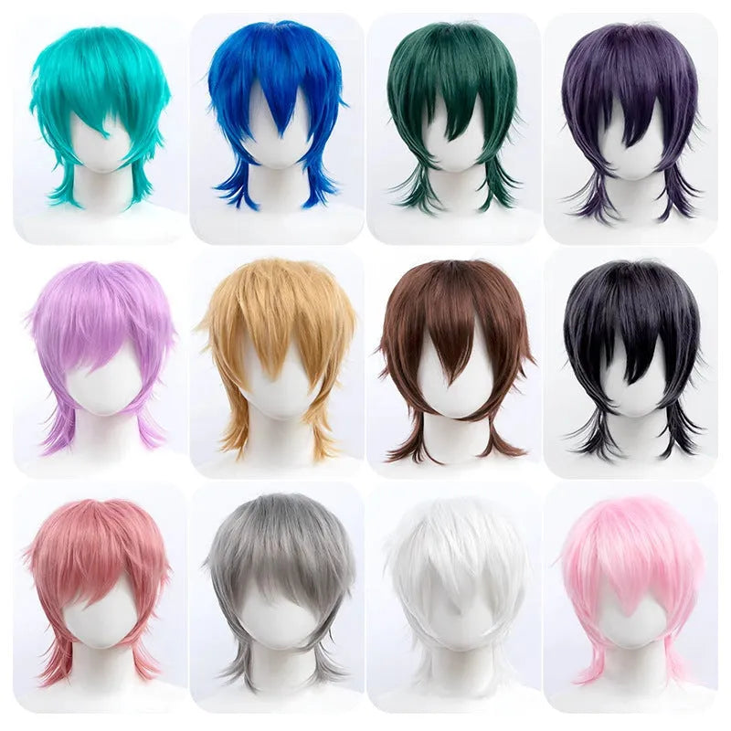 Short black anime cosplay wig with a lengthened hair tail on a mannequin head.