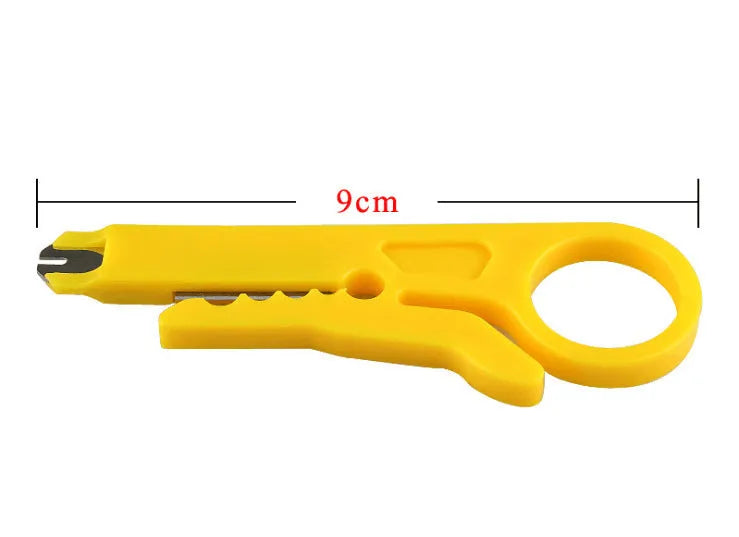 Yellow portable wire stripper tool showing 0.6mm stripping jaws and rubber plastic body.