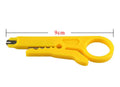 Yellow portable wire stripper tool showing 0.6mm stripping jaws and rubber plastic body.