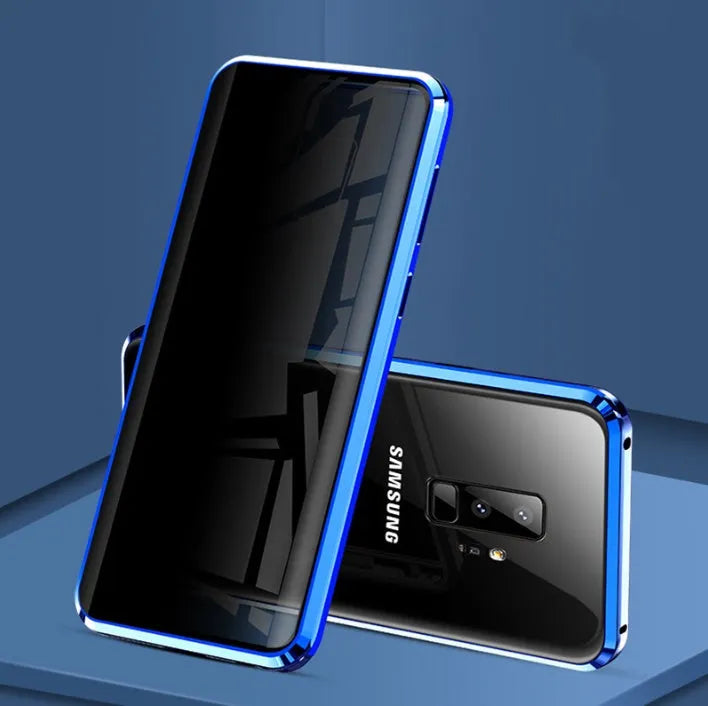 Black anti-peeping magnetic phone case for Samsung Galaxy showing clamshell design and privacy screen