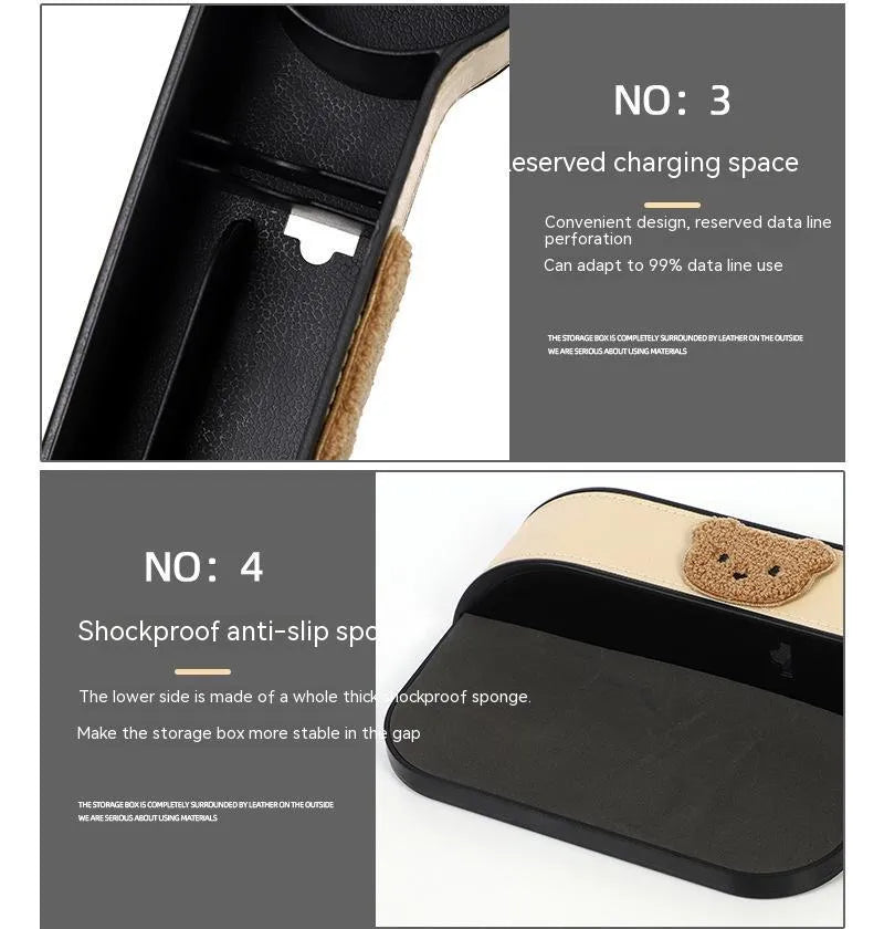 Leather car seat gap storage box with cartoon bear design in black and rice bear colours.
