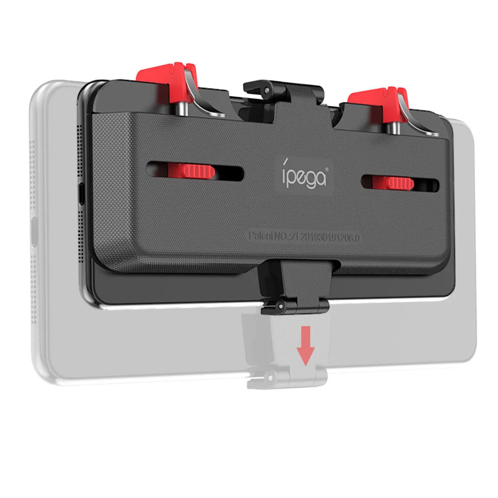 Black mobile phone gaming bracket with a magnetic trigger handle extended, showing adjustable phone clamp.