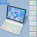 iPad in a black TPU protective case with an attached luminous RGB backlit Bluetooth keyboard, showing the built-in stand.