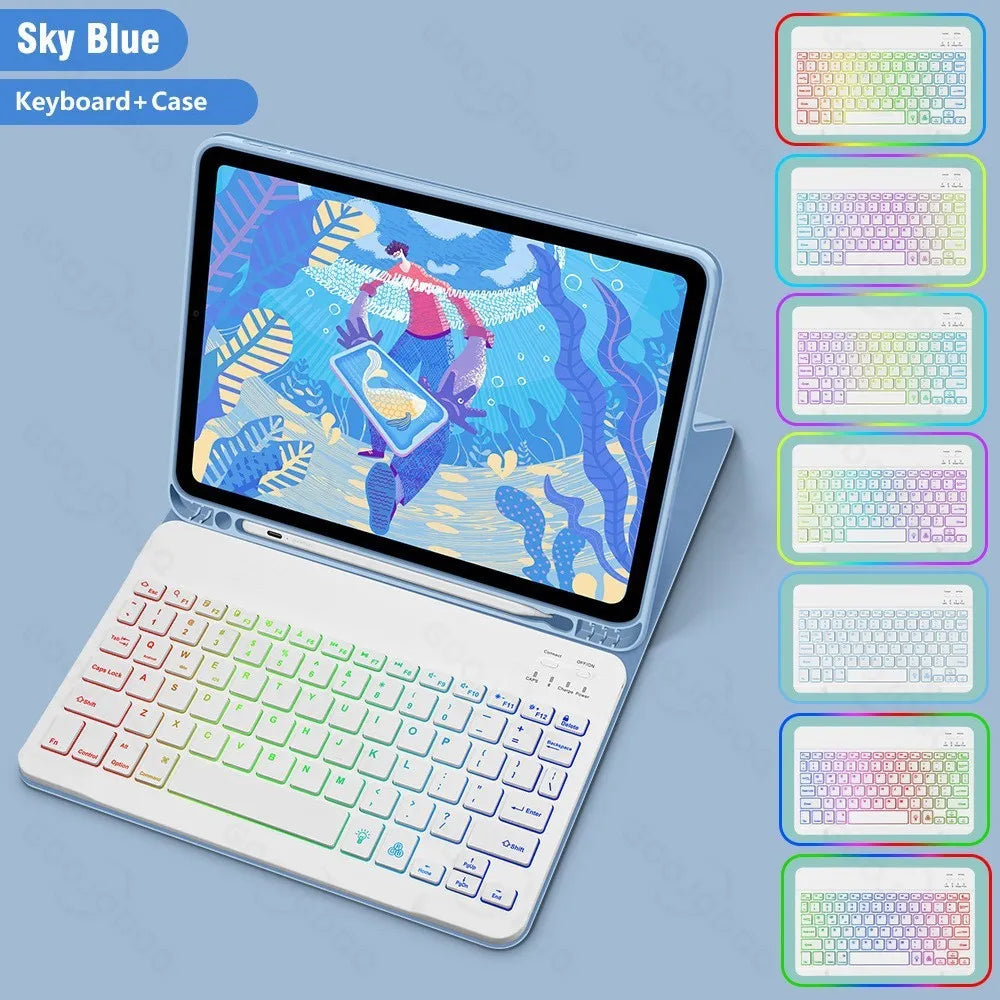 iPad in a black TPU protective case with an attached luminous RGB backlit Bluetooth keyboard, showing the built-in stand.
