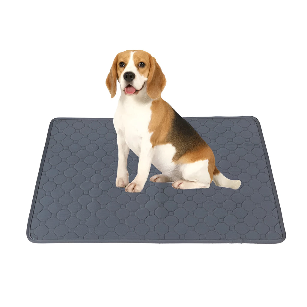 Washable dog pee pads in neutral tan and grey colours measuring 18x24 inches