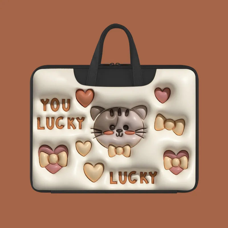 PU leather inflatable laptop bag with strap, shown in a cute character design.
