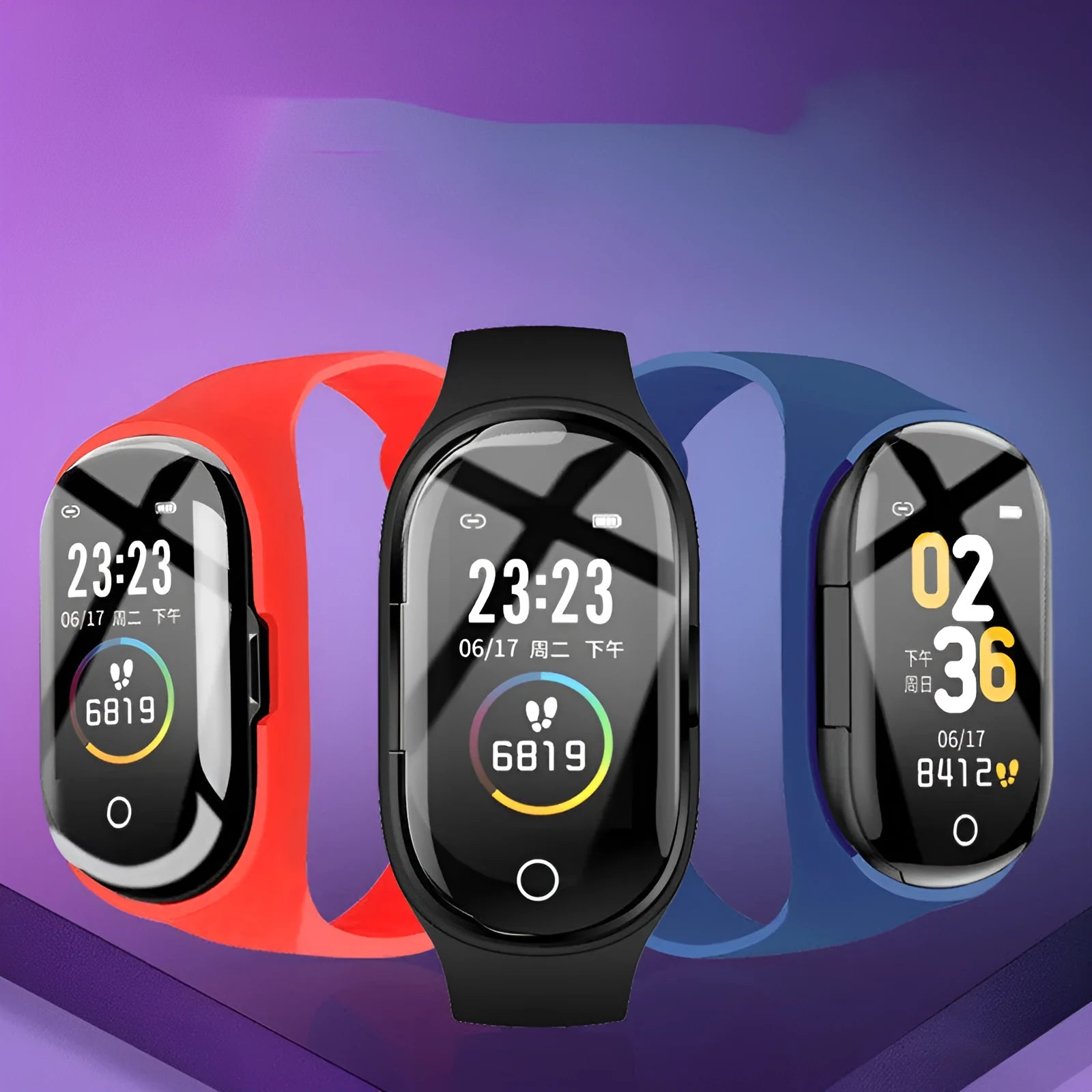 Black smart bracelet earphone combo with 1 inch screen and silicone wristband on a wrist
