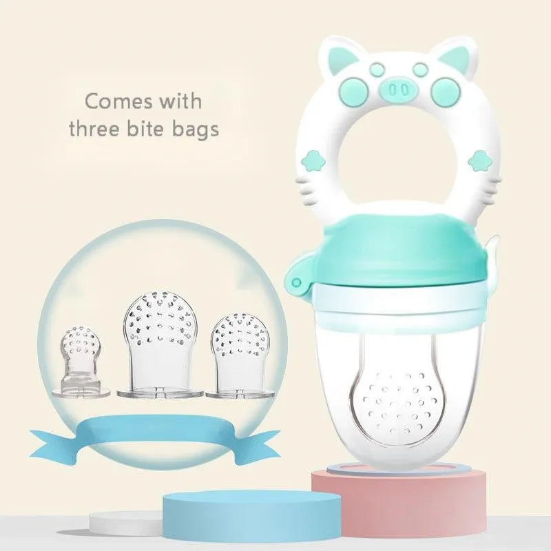 Blue, green, and pink silicone baby teethers showing both single and triple mouthpiece design options.
