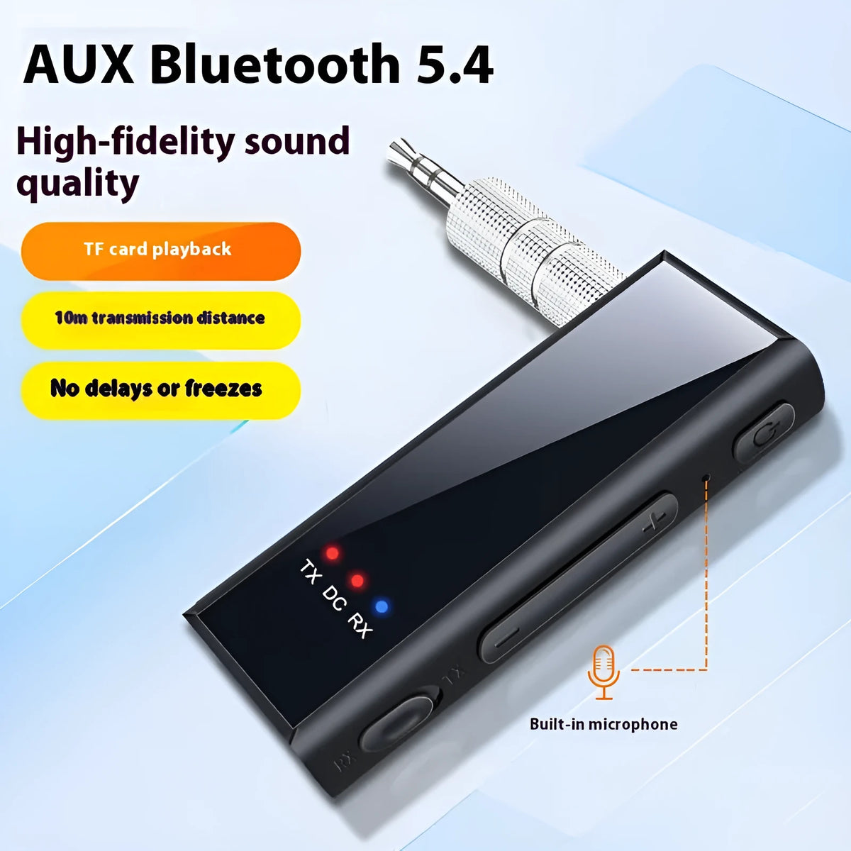 3.5mm Bluetooth 5.4 two-in-one audio receiver and transmitter adapter with plug-and-play design
