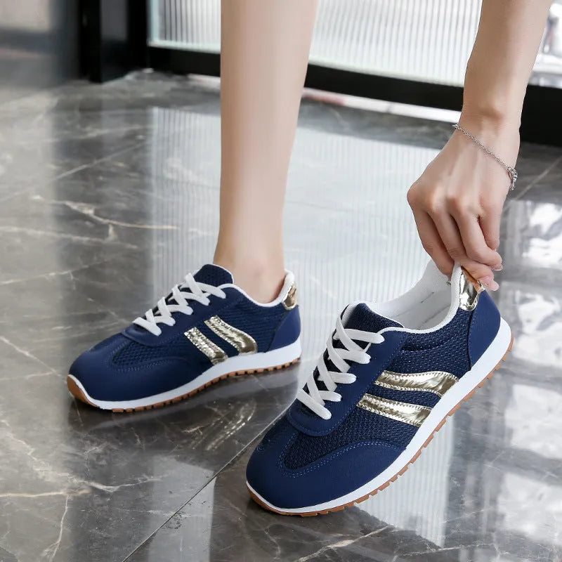 Blue women's casual sneakers with cross shoulder straps and non-slip rubber sole