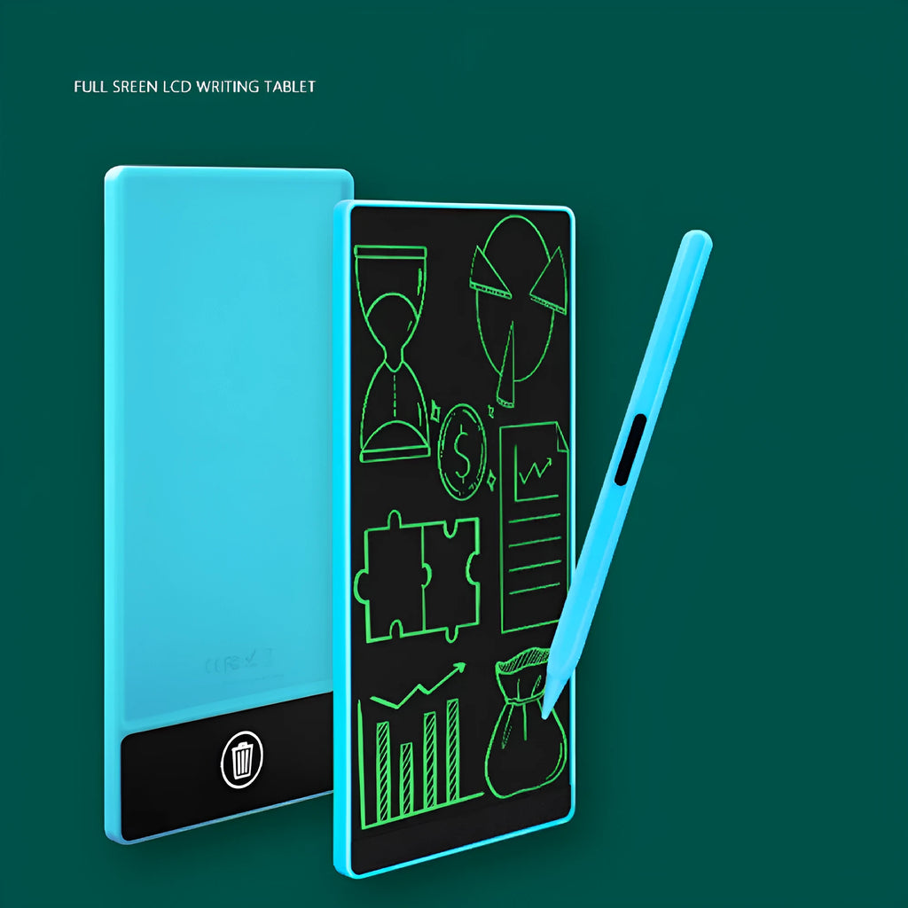 Blue LCD handwriting board with 6.5-inch screen and stylus on a desk.