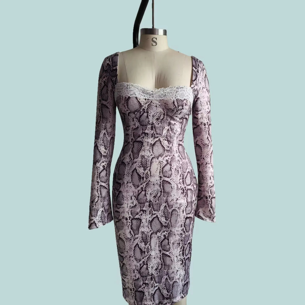 Grey A-line lace dress with long sleeves and a 3D digital print pattern
