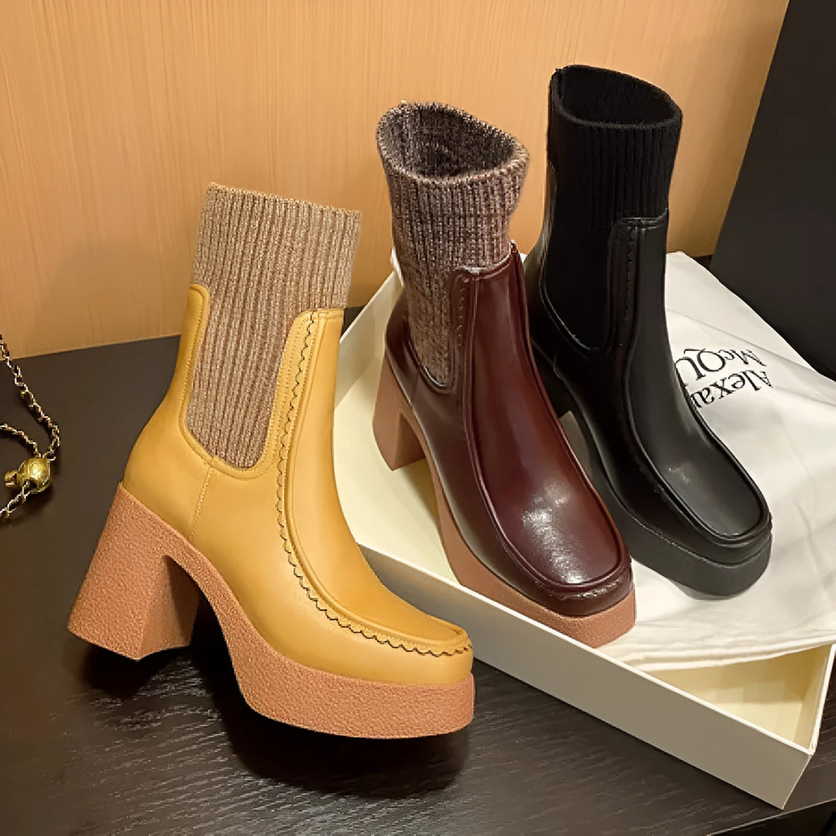 Women's cowhide leather platform Martin boots in solid black, brown or yellow, sizes 34-43
