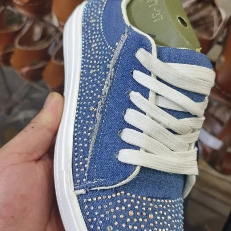 Plus size women's low-top casual shoes with rhinestones, lace-up front, and thick rubber sole.