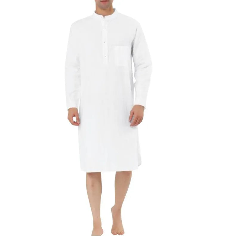 Men's cotton shirt robe shown in one of nine colours, featuring a simple pocket and shirt-length design.