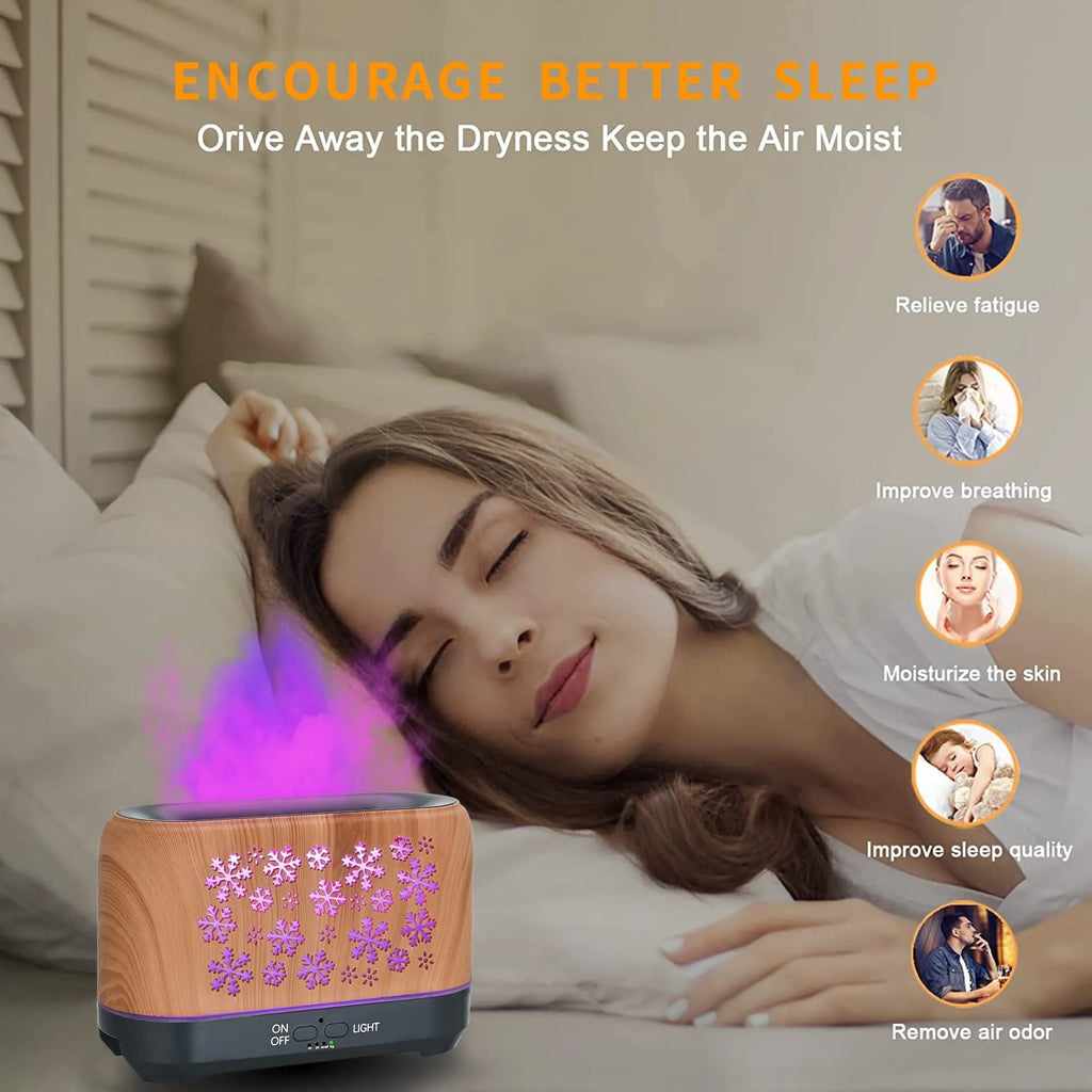 Square desktop humidifier with snowflake wood grain pattern and colourful flame effect illumination