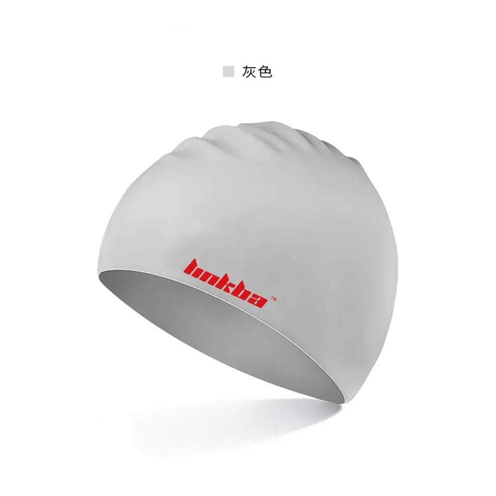 Silicone swimming cap with earmuff design in multiple colours including black, white, yellow, blue and grey