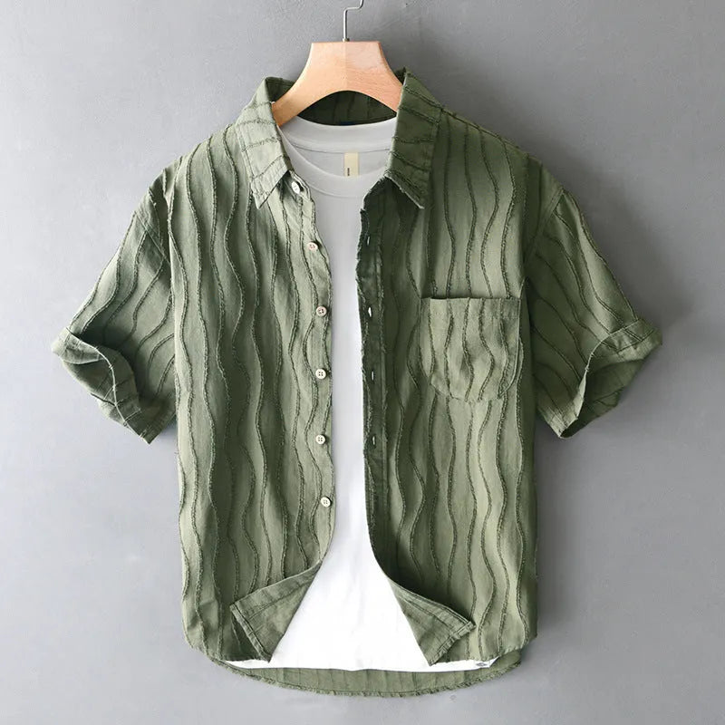 Men's pure cotton casual shirt in loose fit with short sleeves in apricot colour