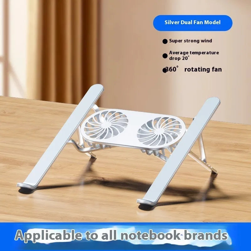 Aluminium alloy laptop cooling stand with twin fans in folded position showing silver finish