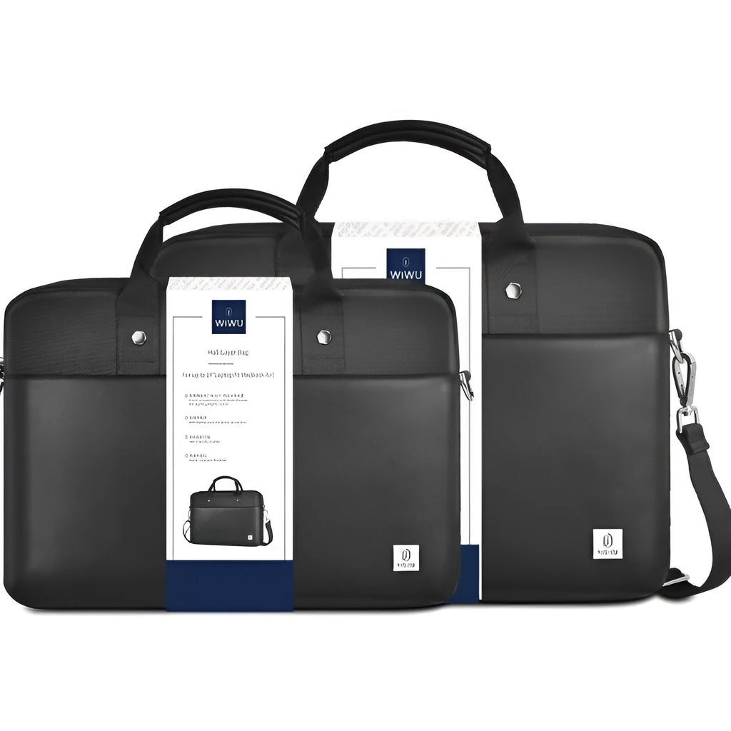 Black Oxford cloth laptop backpack with multiple pockets and a lock, shown in 14 inch and 15.6 inch sizes.