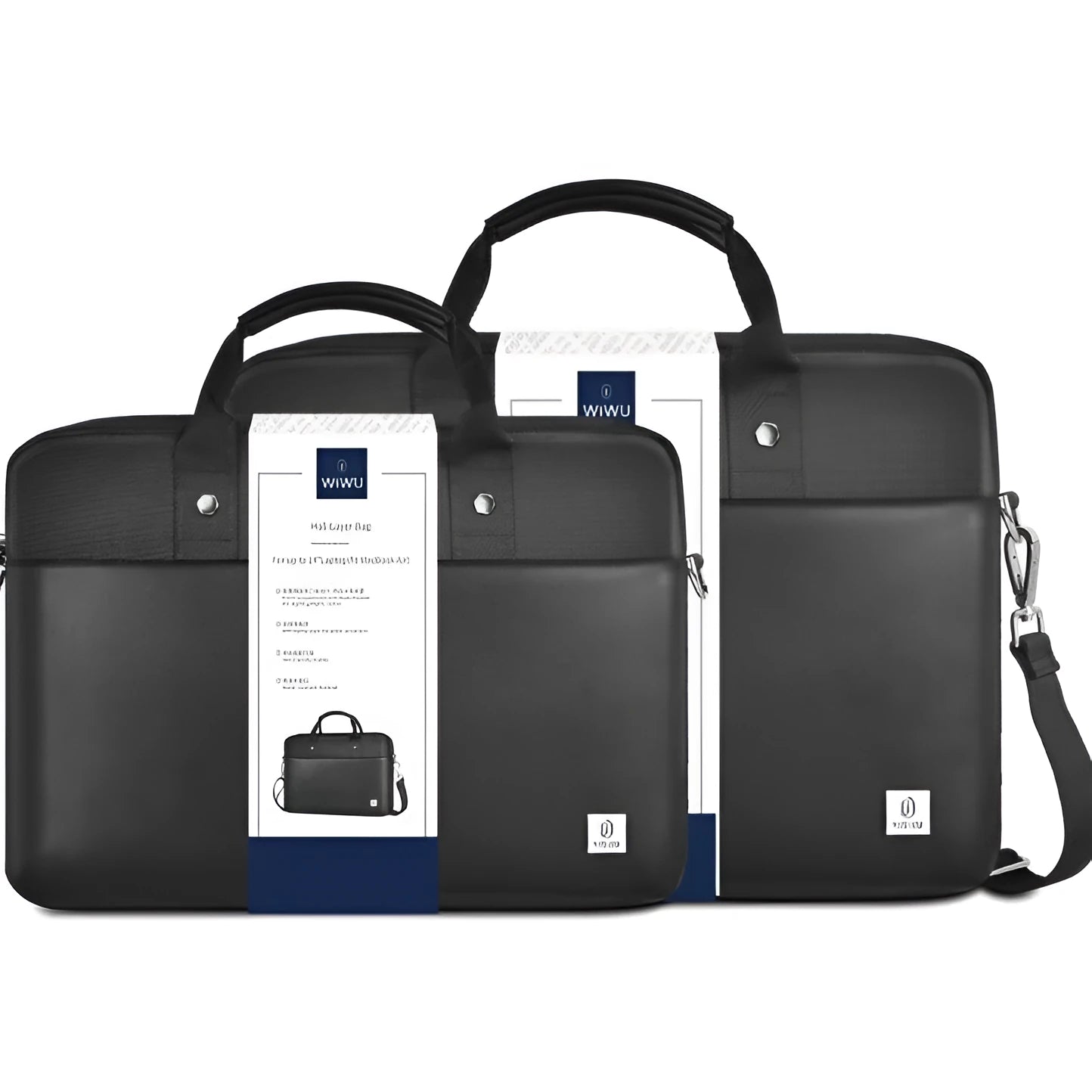 Black Oxford cloth laptop backpack with multiple pockets and a lock, shown in 14 inch and 15.6 inch sizes.