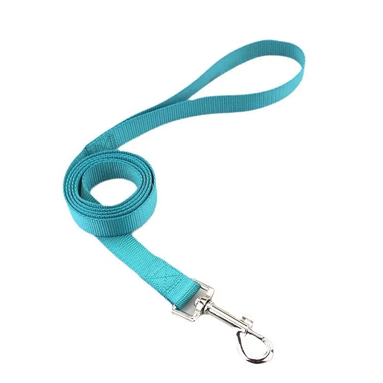Solid colour polyester dog leash in hand holding rope design showing multiple colour options and size specifications