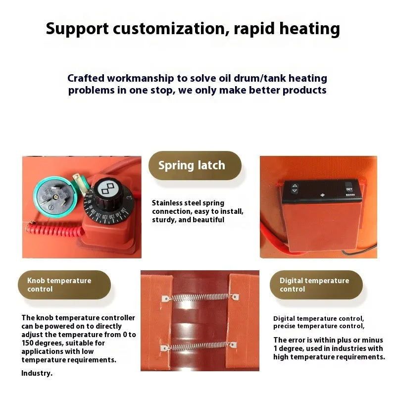 Silicone rubber heating belt wrapped around 200-litre oil drum with electrical controls