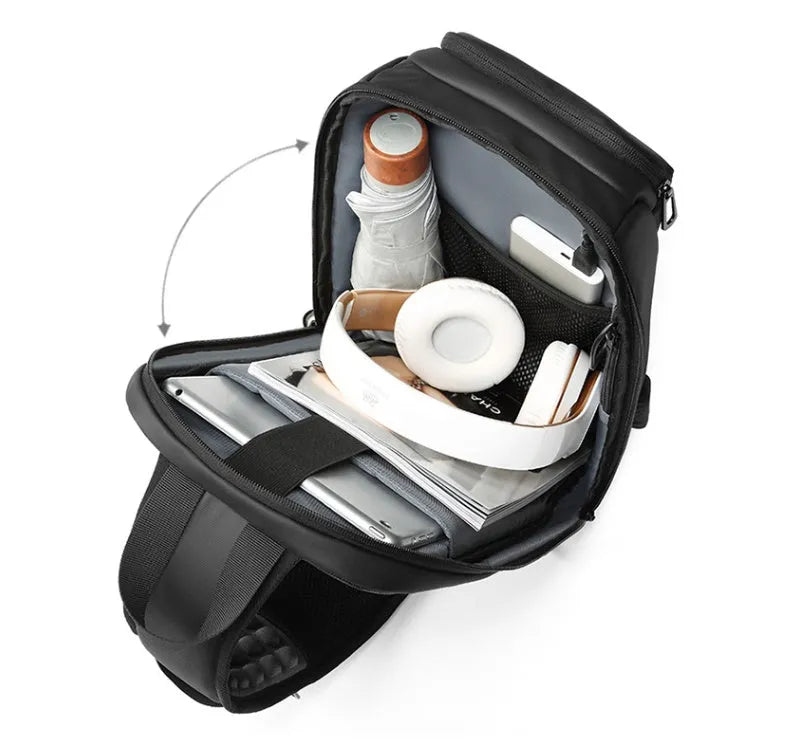 Black PVC outdoor leisure shoulder bag with air cushion strap and internal organiser pockets