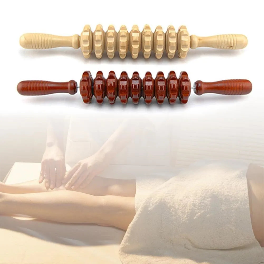 Wooden muscle massage roller stick, 39cm long with 18cm roller, 270g, five styles