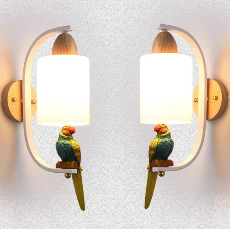 Bird wall lamp with iron and wood body, glass shade, spray-painted finish, 42x21x12cm