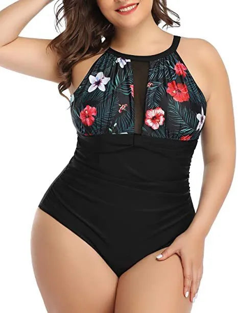 Women's black lace one-piece swimsuit on a hanger, with red floral and stripe pattern options shown.