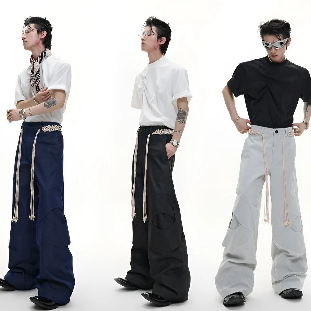 Men's straight-leg cotton jeans with decorative zipper details and tassel trim in dark colour options