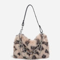 Plush shoulder bag with chain and leopard print detail, horizontal rectangular shape, single strap, available in grey, pink, apricot, and white.
