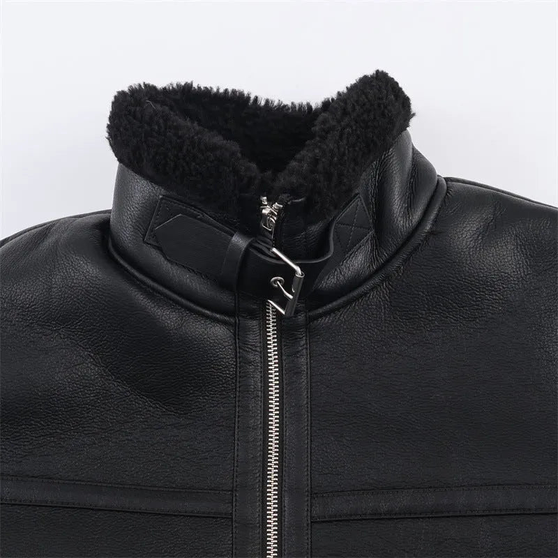 Women's black double-sided fleece jacket, medium thickness, PU fabric, sizes XS to L
