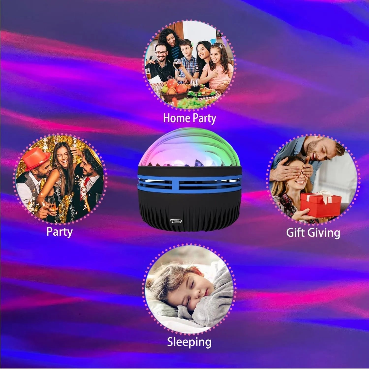 USB-powered LED star galaxy projector night light with removable acrylic shade and colourful rotating magic ball effects.