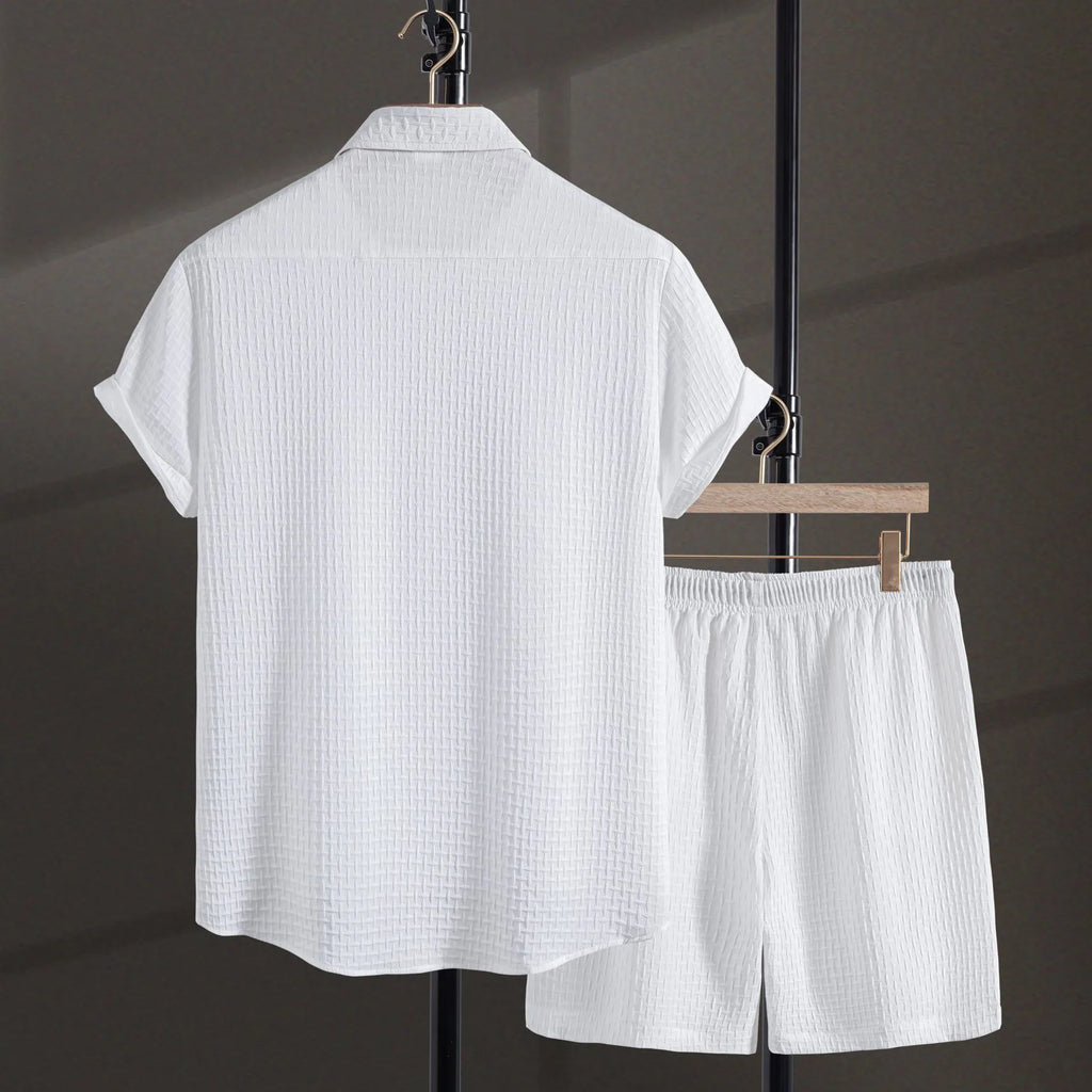 Men's white cotton blend beach shirt and shorts suit for summer casual wear