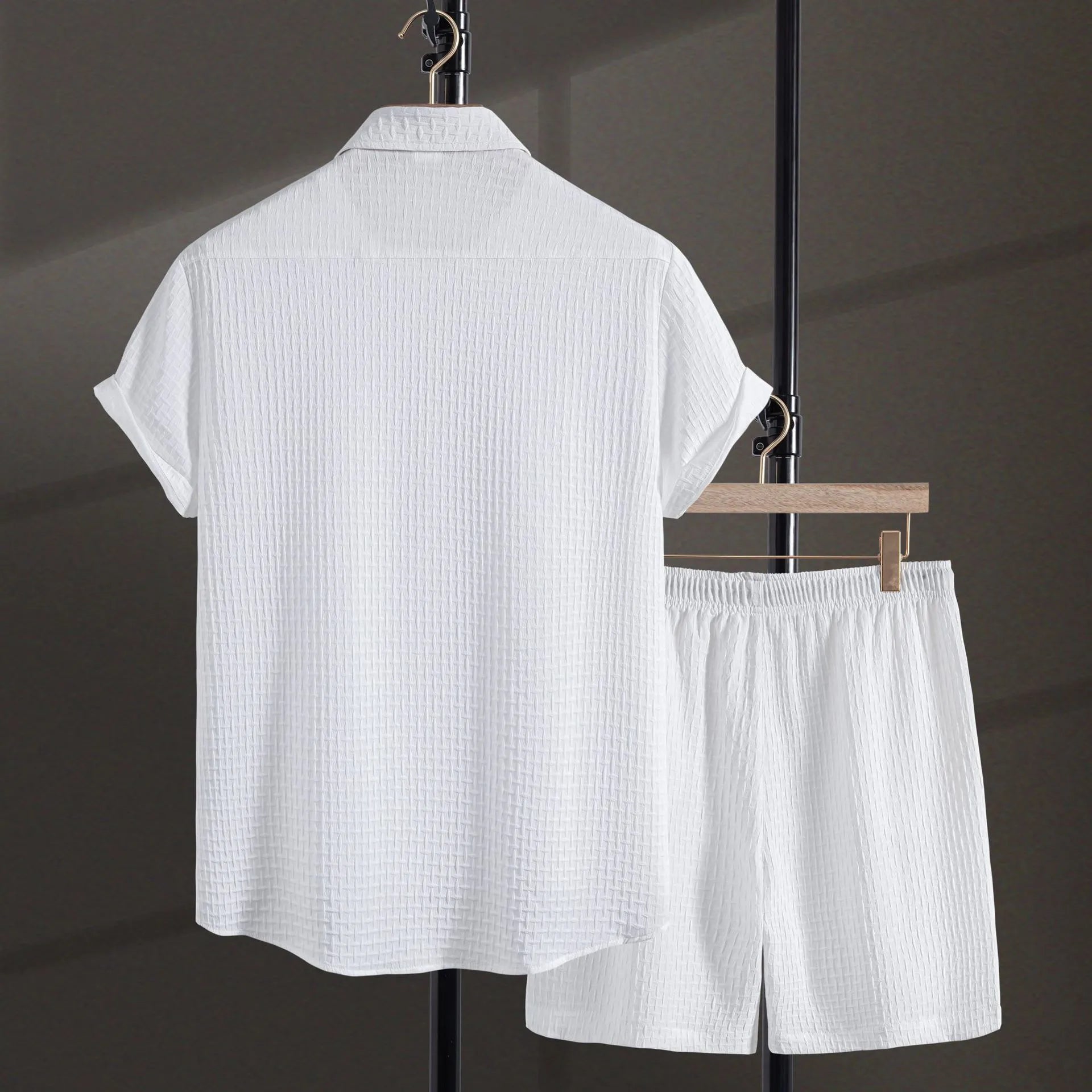 Men's white cotton blend beach shirt and shorts suit for summer casual wear