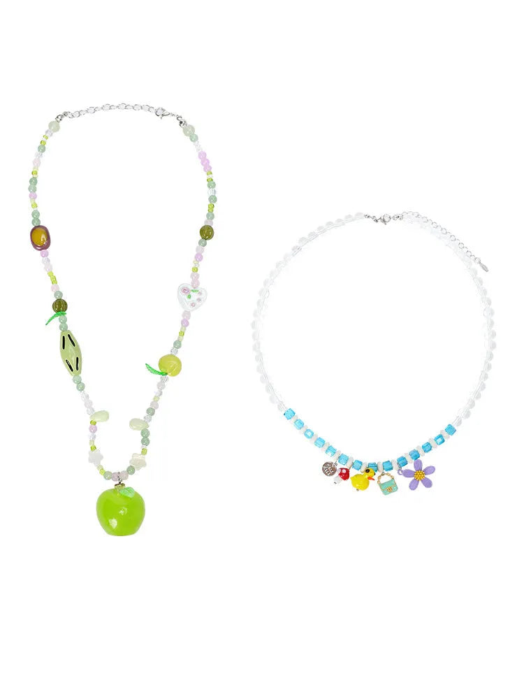 Beaded pendant necklace clavicle chain green apple green colour alloy resin colourful little flower option vacation style