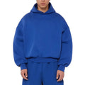 A man's grey fleece-lined pullover sweatshirt with long sleeves, shown on a hanger.