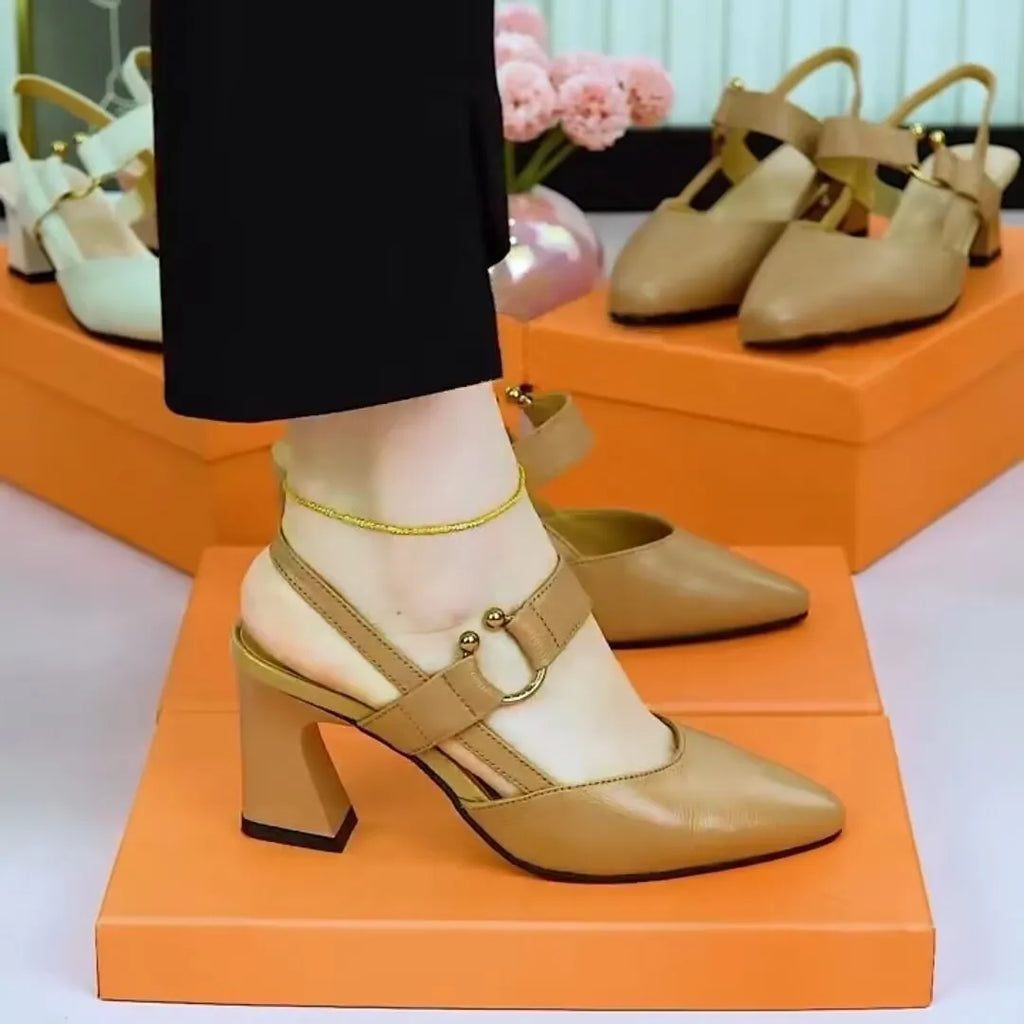 Women's closed toe leather sandals with a chunky heel and back strap in apricot pigskin.
