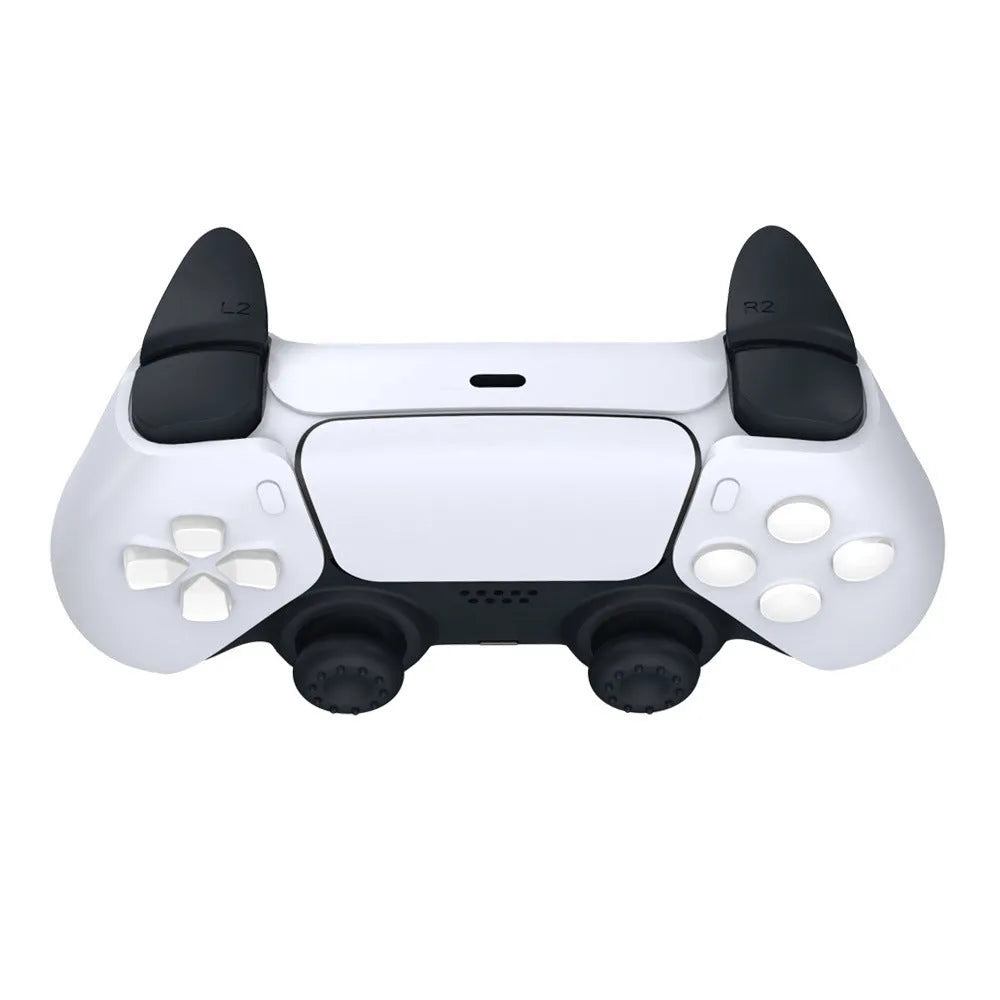 Black silicone PS5 controller button cap set with 4 thumb grip caps and 4 trigger extenders