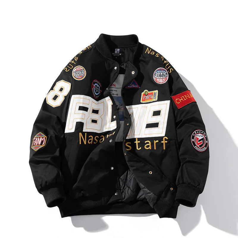 Loose-fit black motorcycle couple baseball jacket with side pockets and a removable hood.