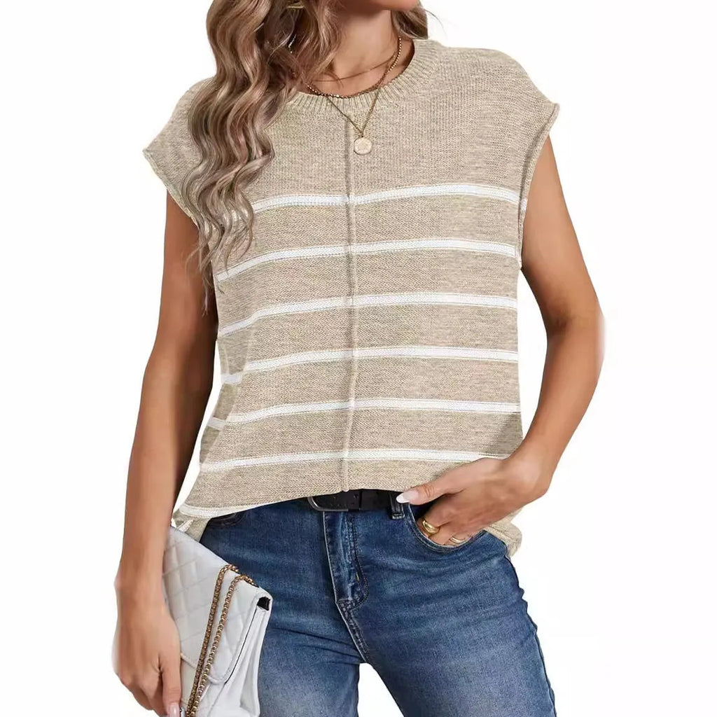 Women's striped sleeveless vest pullover top in acrylic fabric on a hanger