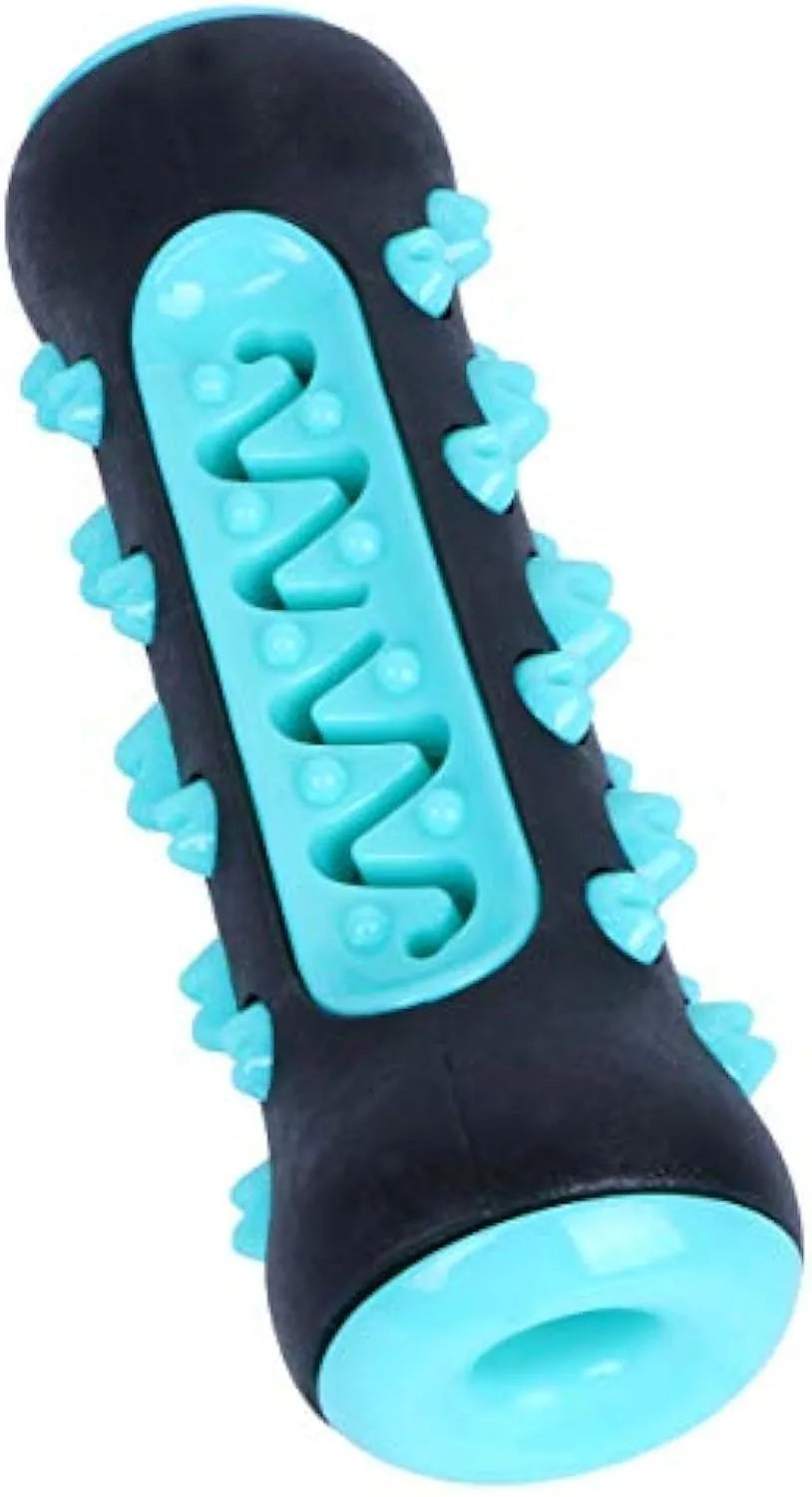 Natural rubber dog toothbrush chew toy in one of four colours, measuring 15cm long