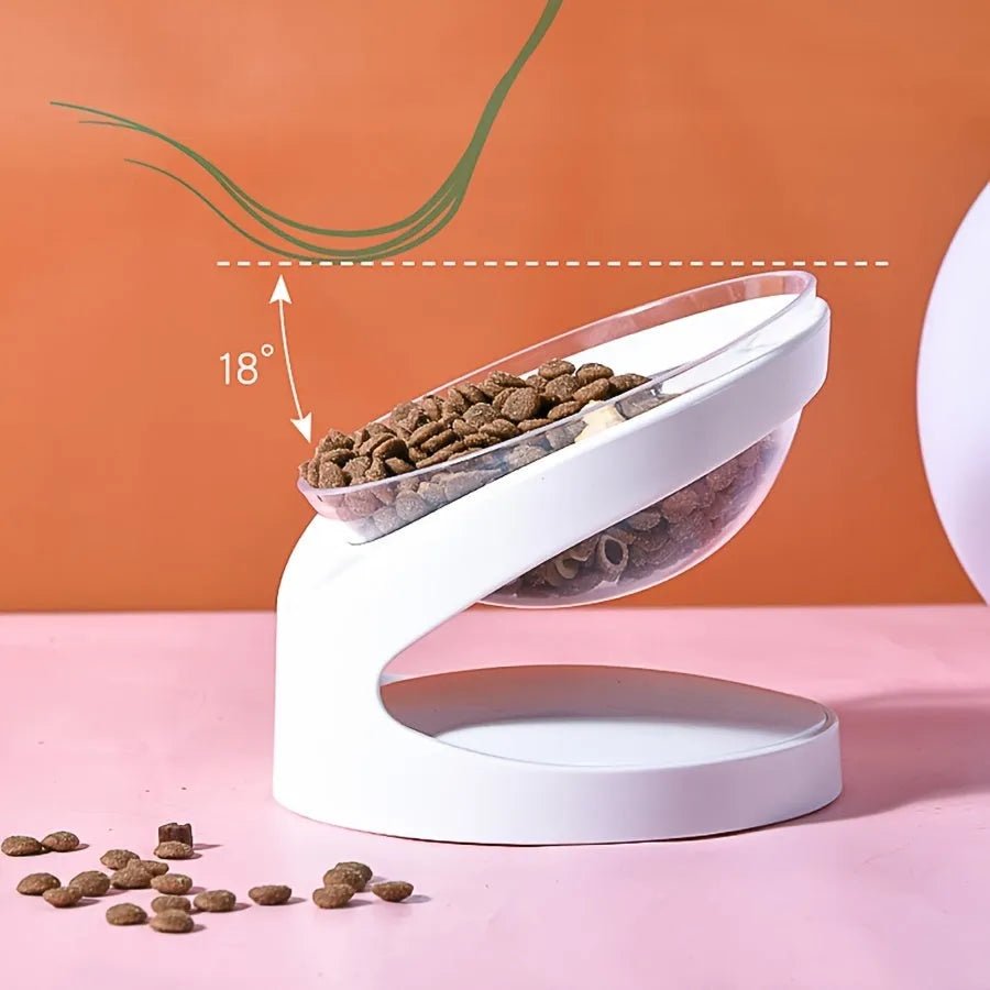 White elevated cat food bowl with ergonomic anti-vomit tilt design