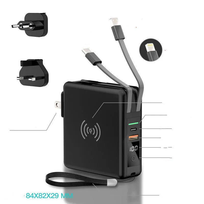PD20W power bank with integrated plug showing black and white colour options with international adaptors