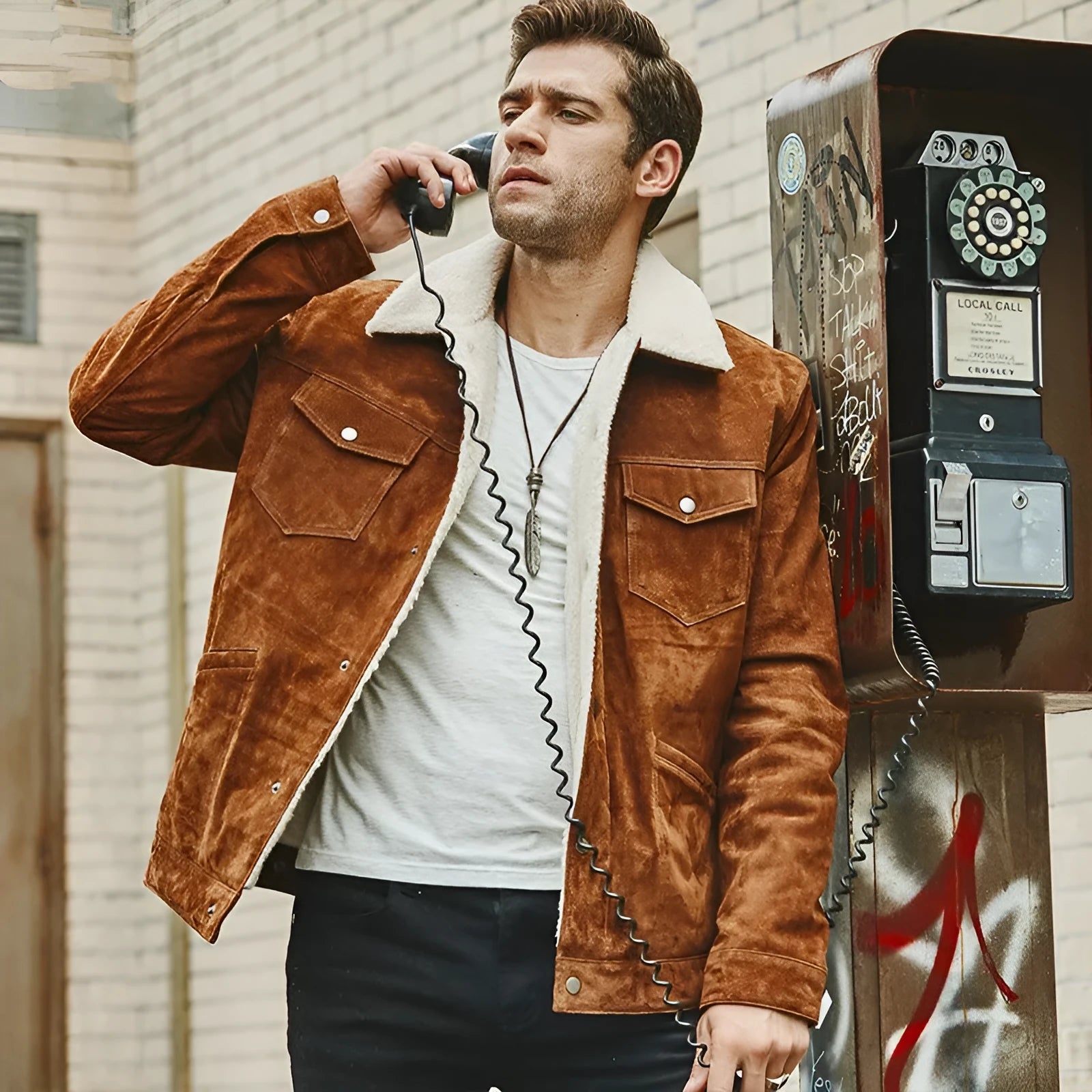 Men's brown genuine pigskin leather cotton padded jacket with lapel collar