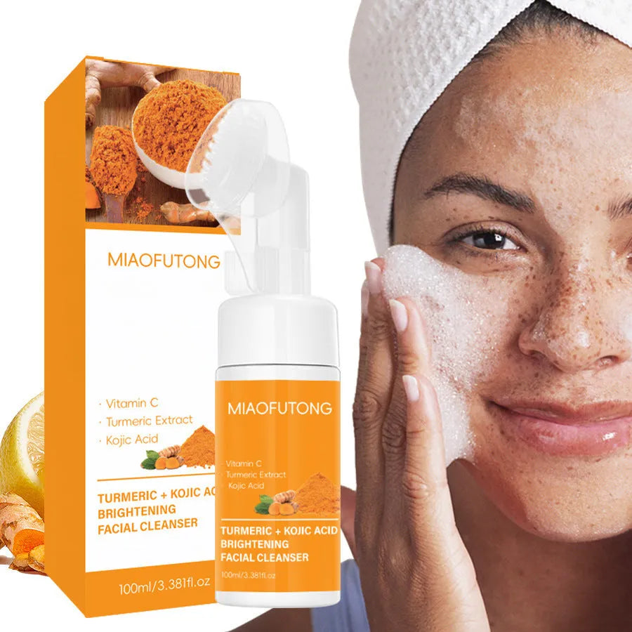Turmeric facial cleansing pad kit with 30 pads, ginger soap bar, and cleansing mousse components